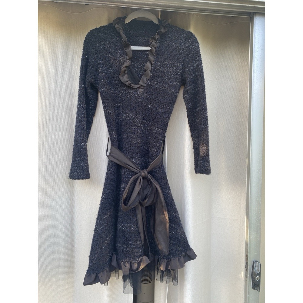 Zone Bleue French Vintage Bouclé Knit Dress Tulle Ruffle Hem Belted Blue Black M